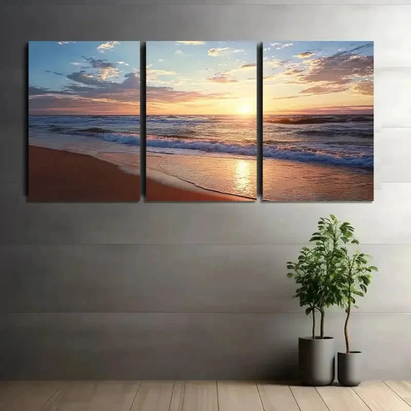 3pcs Beach Sunset Scene with Golden Sand Metal Print Ready to Hang Art - Bella Home Decor