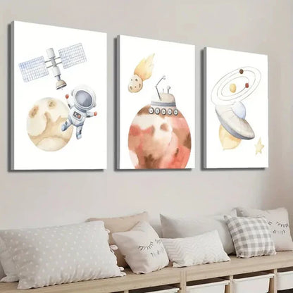 3pcs Astronaut & Planets Decor Wall Art Set Canvas Unframed - High Quality Print 100% Australian Made Wall Canvas - Bella Home Decor