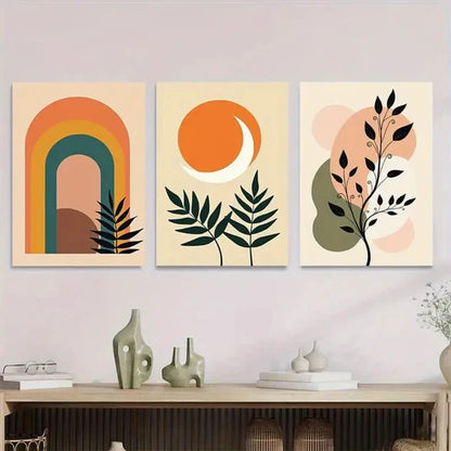 3pcs Boho Rainbow, Sun, And Leaf Modern Abstract Wall Art Set Canvas Unframed - High Quality Print 100% Australian Made Wall Canvas - Bella Home Decor