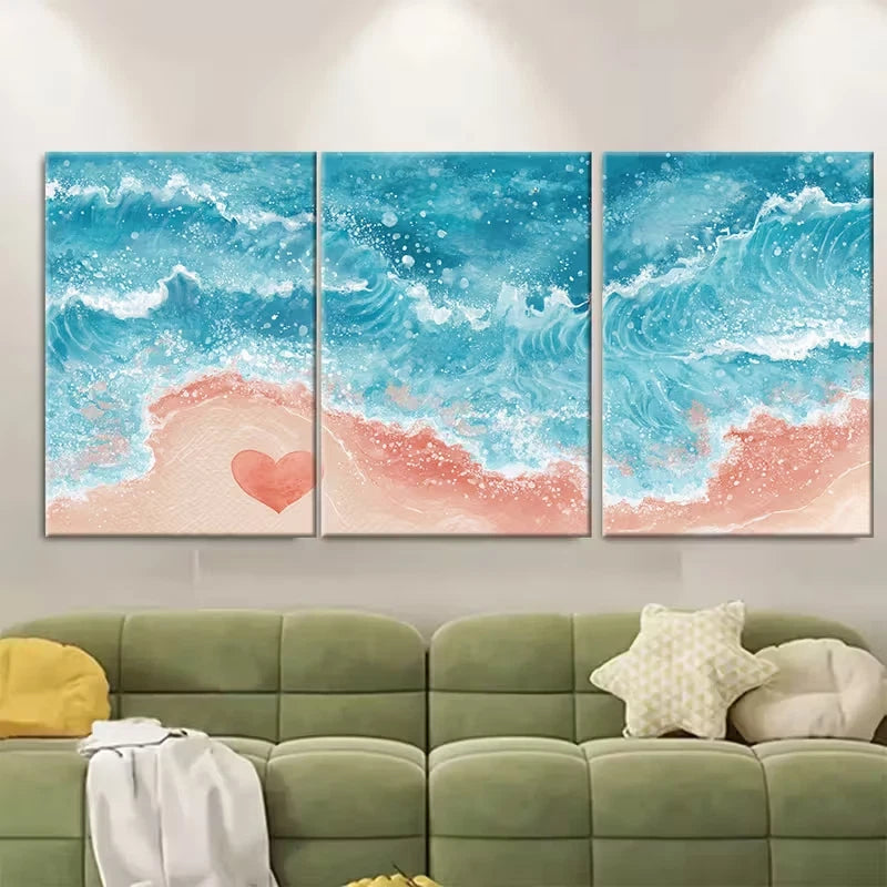 3pcs Beach Scene with Heart & Ocean Waves Metal Print Ready to Hang Art - Bella Home Decor