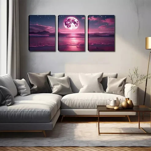 3pcs Beautiful Art, Fuchsia Moon Wall Art Canvas Unframed - High Quality Print 100% Australian Made Wall Canvas - Bella Home Decor