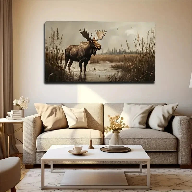 Elk On Grassland Nature Wall Art Canvas Office Home Room Framed 120x60cm