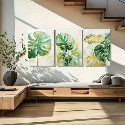 3pcs Monstera Deliciosa Sage Green Golden Boho Metal Print Ready to Hang Art - Bella Home Decor