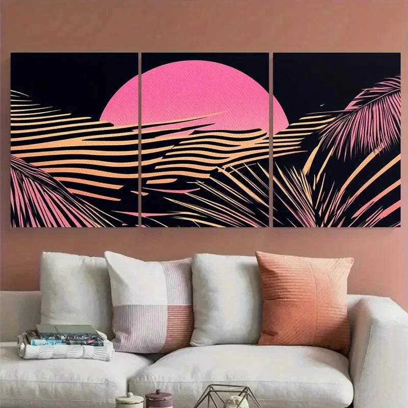 3pcs Vintage Pink Sunset and Palm Tree Leaves Metal Print Ready to Hang Art
