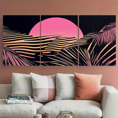 3pcs Vintage Pink Sunset and Palm Tree Leaves Metal Print Ready to Hang Art