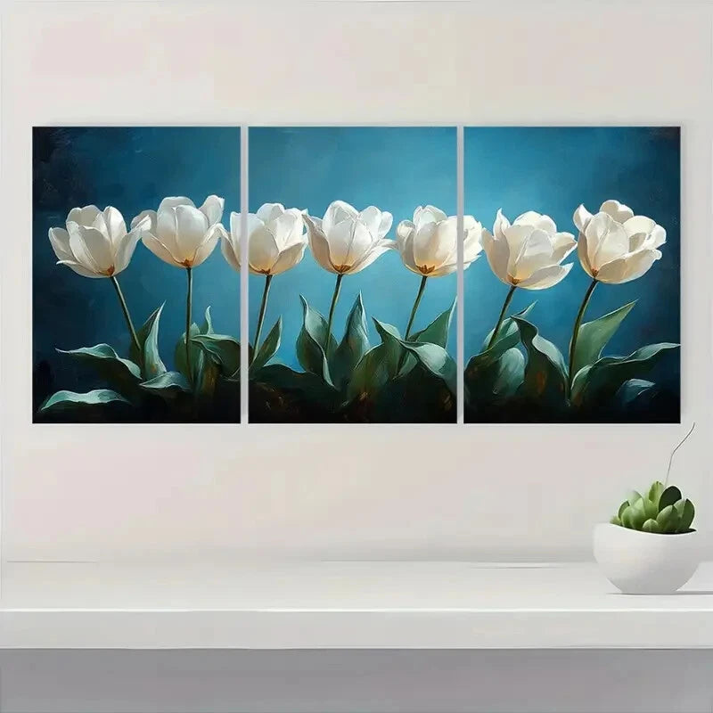 3pcs White Tulips with Dark Blue Background Metal Print Ready to Hang Art - Bella Home Decor