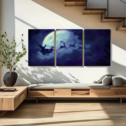 3pcs Santa Claus And Reindeer Under The Moon Wall Art Canvas Unframed - High Quality Print 100% Australian Made Wall Canvas