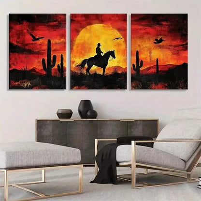 3pcs Western Cowboy Sunset Horse Rider  Art Set Canvas Unframed - High Quality Print 100% Australian Made Wall Canvas