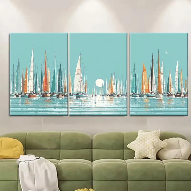 3pcs Sailing Boats Modern Coastal Decor Metal Print Ready to Hang Art