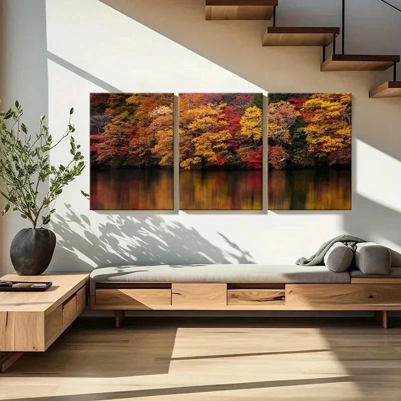 3pcs Red Yellow Trees On The Lake Bank Wall Art Set Canvas Framed 60x90cm - High Quality Print 100% Australian Made Wall Canvas Ready to Hang - Bella Home Decor