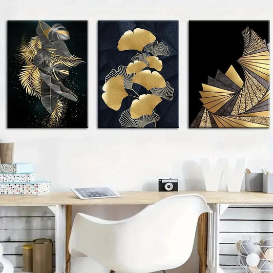 3pcs Black & Golden Leaf Designs, Metal Print Ready to Hang Art