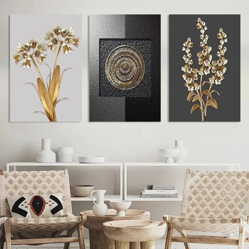 3pcs Golden Leaf & White Flower Design Metal Print Ready to Hang Art - Bella Home Decor