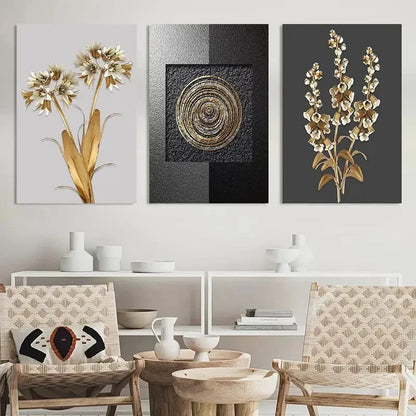3pcs Golden Leaf & White Flower Design Metal Print Ready to Hang Art - Bella Home Decor