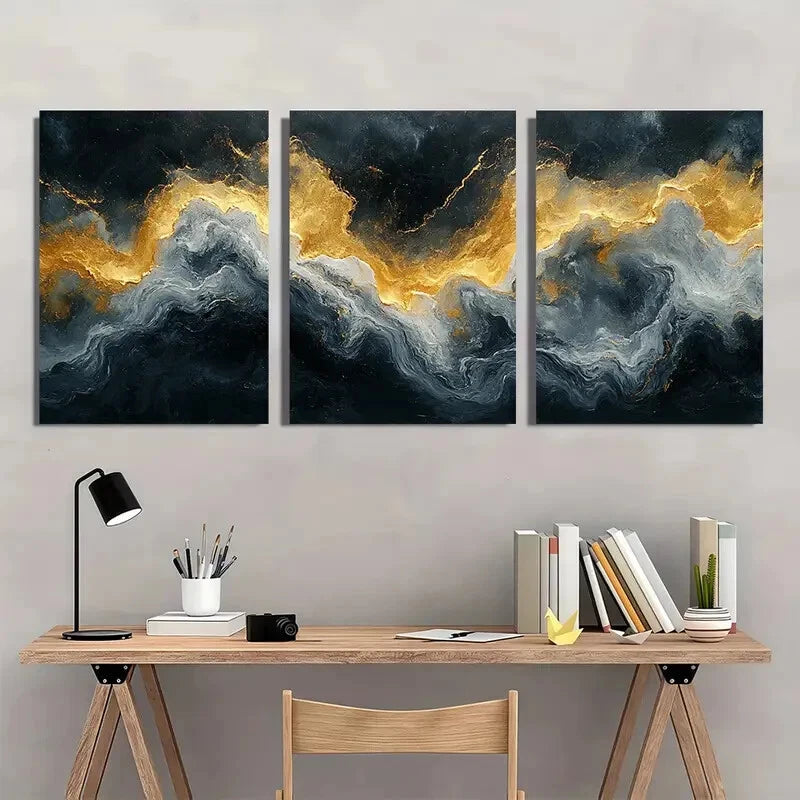 3pcs Minimalist Abstract Golden & Black Wave Metal Print Ready to Hang Art - Bella Home Decor