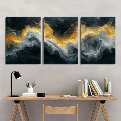 3pcs Minimalist Abstract Golden & Black Wave Metal Print Ready to Hang Art - Bella Home Decor