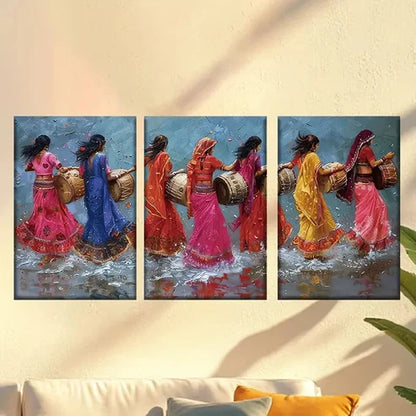 3pcs Vibrant Indian Dancers Traditional Attire Wall Art Canvas Unframed - High Quality Print 100% Australian Made Wall Canvas