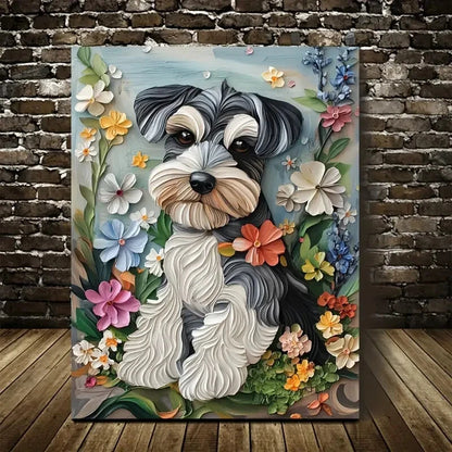 Cute Schnauzer Dog with Flowers & Plants Painting 40x60cm Metal Print Ready to Hang - Bella Home Decor