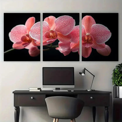 3pcs Pink Orchid Floral in Black Background Metal Print Ready to Hang Art - Bella Home Decor