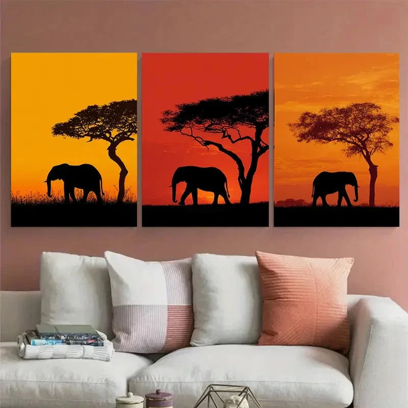 3pcs Uganda Wildlife Nature Adventure Elephant Wall Art Set Canvas Framed 50x70cm - High Quality Print 100% Australian Made Wall Canvas Ready to Hang