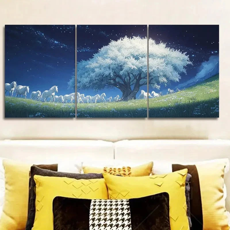 3pcs Night Sky with Tree & Herd of Horses Wall Art Set Canvas Framed 40x60cm - High Quality Print 100% Australian Made Wall Canvas Ready to Hang
