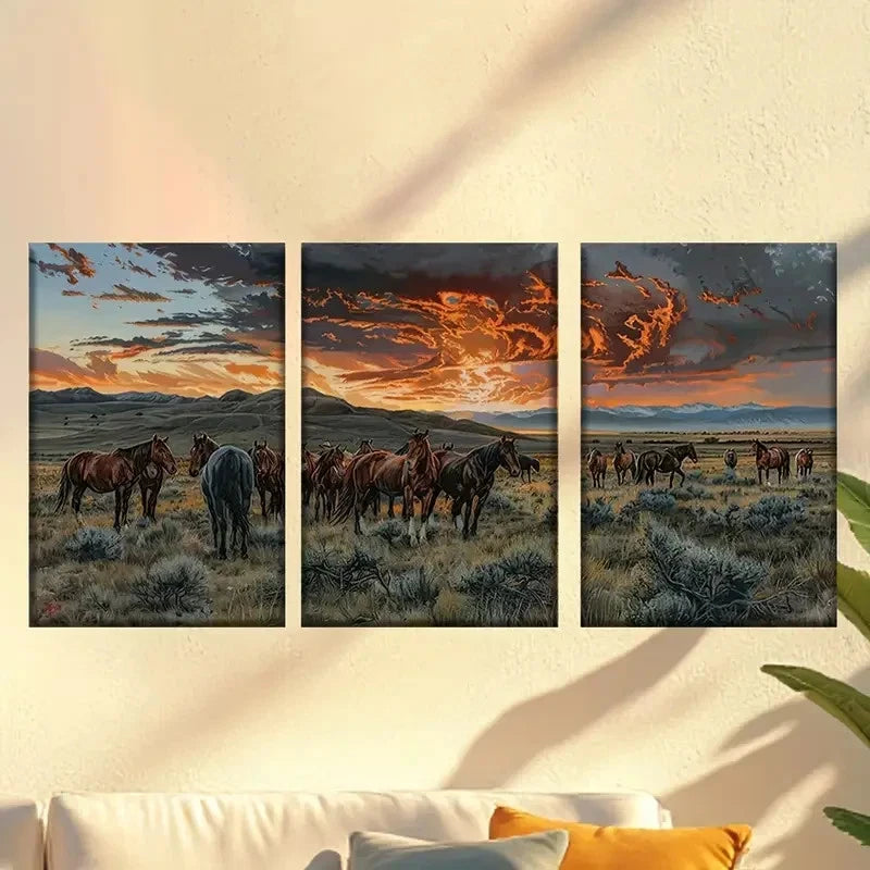3pcs Horses on the Grassland Wall Art Set Canvas Framed 50x70cm - High Quality Print 100% Australian Made Wall Canvas Ready to Hang