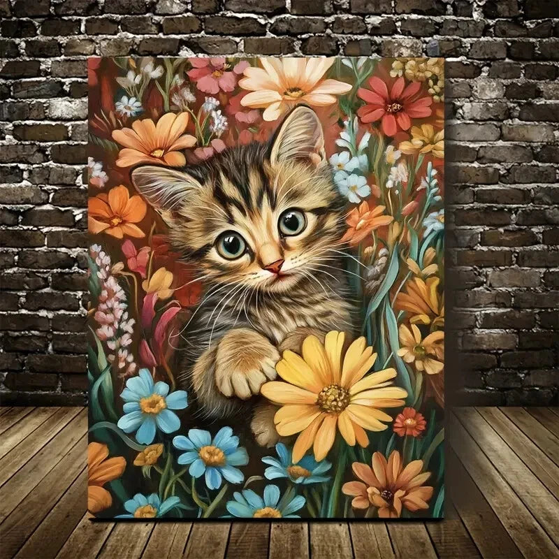 Cute Tabby Kitten with Vibrant Flowers Painting 40x60cm Metal Print Ready to Hang - Bella Home Decor