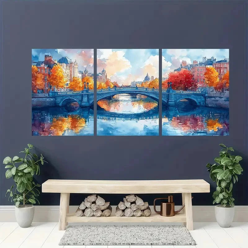 3pcs Vibrant Watercolor Cityscape with River LiffeyMetal Print Ready to Hang Art - Bella Home Decor