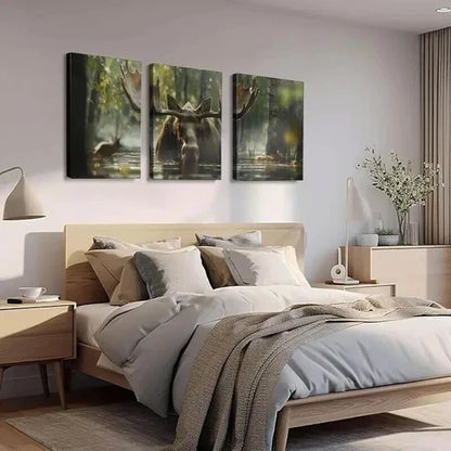 3pcs Moose in the Sunlit Lush Greenery Woods Art Set Canvas Unframed - High Quality Print 100% Australian Made Wall Canvas