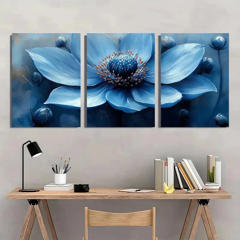 3pcs Blue Sea Holly Modern Abstract Floral Design Metal Print Ready to Hang Art - Bella Home Decor