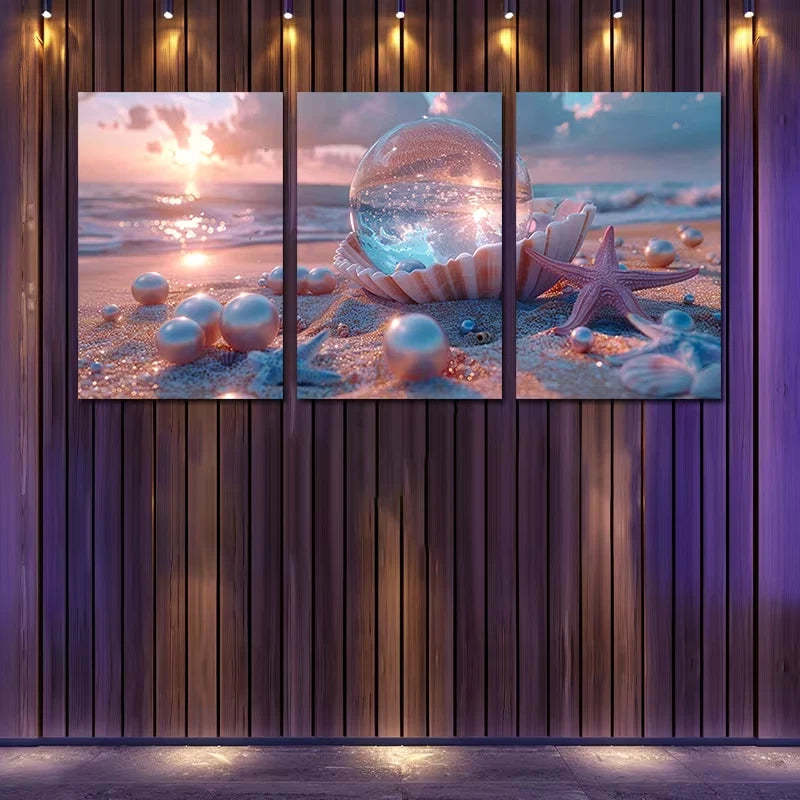 3pcs Opalescent Crystal Ball & Seashell Design Wall Art Set Canvas Framed 50x70cm - High Quality Print 100% Australian Made Wall Canvas Ready to Hang