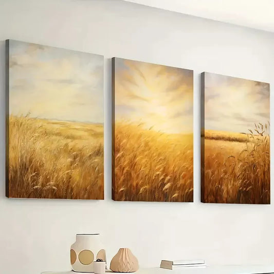 3pcs Golden wheat fields, harvest farm country Wall Art Set Canvas Framed 40x60cm - High Quality Print 100% Australian Made Wall Canvas Ready to Hang