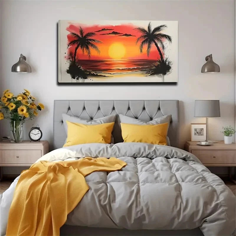 Vibrant Sunset With Palm Trees Wall Art Canvas Office Home Room Framed 120x60cm