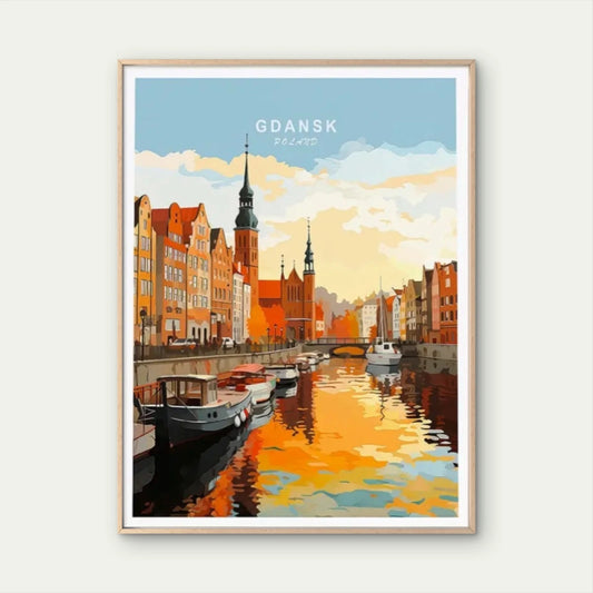 Vintage Polish Gdansk Canal Scene Architecture Travel Poster Print Wall Art