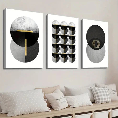 3pcs Black White Gray And Golden Shapes Wall Art Set Canvas Unframed - High Quality Print 100% Australian Made Wall Canvas - Bella Home Decor