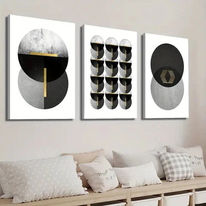 3pcs Black White Gray And Golden Shapes Wall Art Set Canvas Unframed - High Quality Print 100% Australian Made Wall Canvas - Bella Home Decor