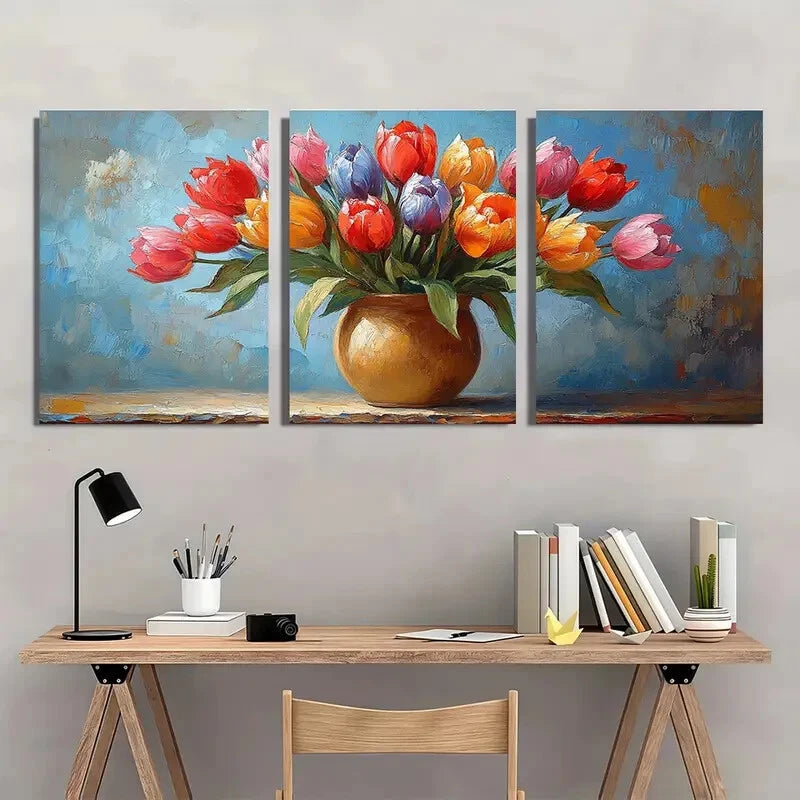 3pcs Tulips in a Vase Oil Impasto Painting Metal Print Ready to Hang Art - Bella Home Decor