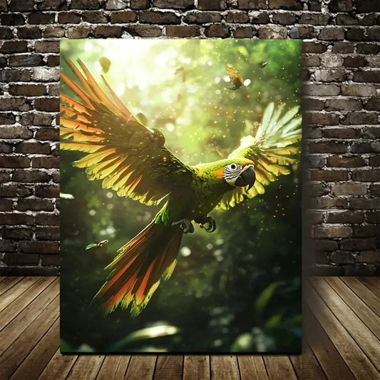 Parrot Dancing in Magical Forest Painting 40x60cm Metal Print Ready to Hang - Bella Home Decor