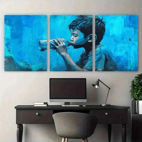 3pcs Southeast Asian Street Boy Drinking Perfect Wall Art Set Canvas Unframed - High Quality Print 100% Australian Made Wall Canvas