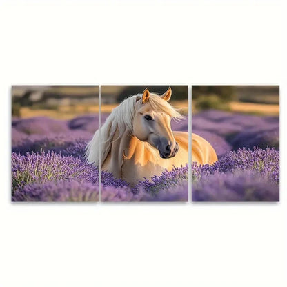 3pcs Serene Palomino Horse in Lavender Field Wall Art Set Canvas Framed 60x90cm - High Quality Print 100% Australian Made Wall Canvas Ready to Hang