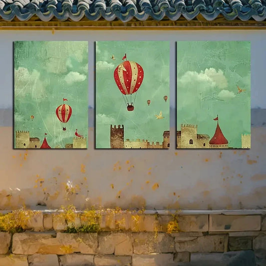 3pcs Vibrant Whimsical Hot Air Balloon Metal Print Ready to Hang Art