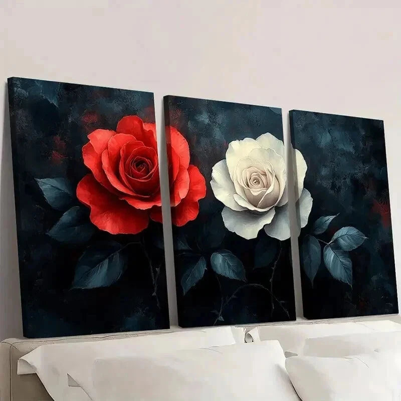 3pcs Dark Background with Red & White Roses Wall Art Set Canvas Framed 50x70cm - High Quality Print 100% Australian Made Wall Canvas Ready to Hang - Bella Home Decor