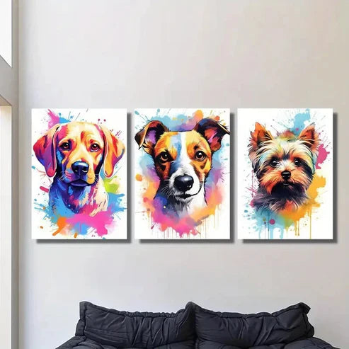 3pcs Vibrant Dog Portrait Adorable Puppies Wall Art Set Canvas Unframed - High Quality Print 100% Australian Made Wall Canvas