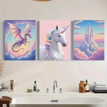 3pcs Unicorn, Dragon, Castle Wall Art Canvas Unframed - High Quality Print 100% Australian Made Wall Canvas