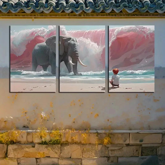 3pcs Vibrant Elephant Family Soft illustration Metal Print Ready to Hang Art