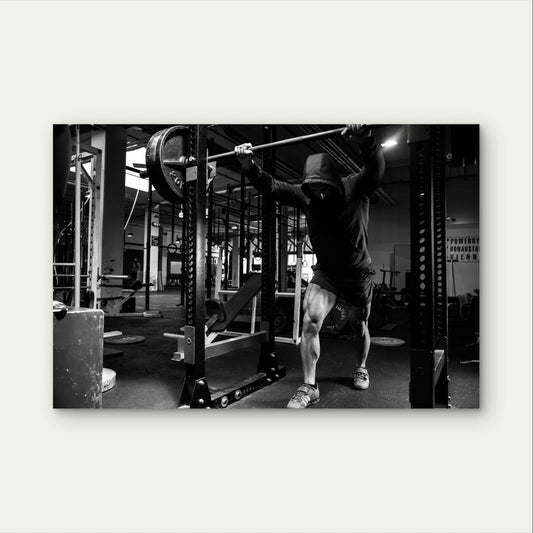 Black and White Barbell Squat Fitness 5mm Plastic Poster Ready to Hang 90x60cm
