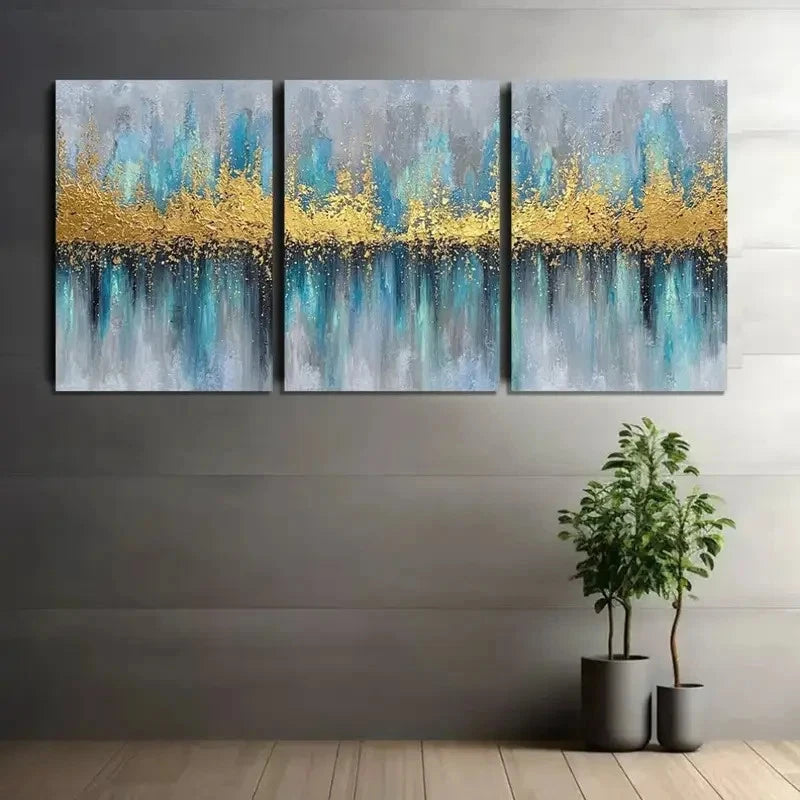 3pcs Golden Glow Blue & Turquoise Abstract Metal Print Ready to Hang Art - Bella Home Decor