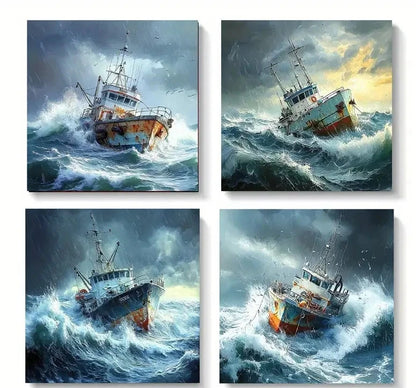 4pcs Dramatic Fishing Boat BattlingWall Art Canvas Framed