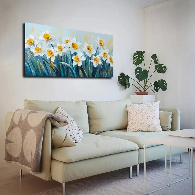 Bohemian Style White Daffodils Wall Art canvas office home room framed 120x60cm - Bella Home Decor