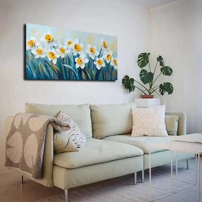 Bohemian Style White Daffodils Wall Art canvas office home room framed 120x60cm - Bella Home Decor