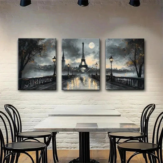 3pcs Paris Eiffel Tower Romantic Rainy Perfect Wall Art Set Canvas Framed 50x70cm - High Quality Print 100% Australian Made Wall Canvas Ready to Hang